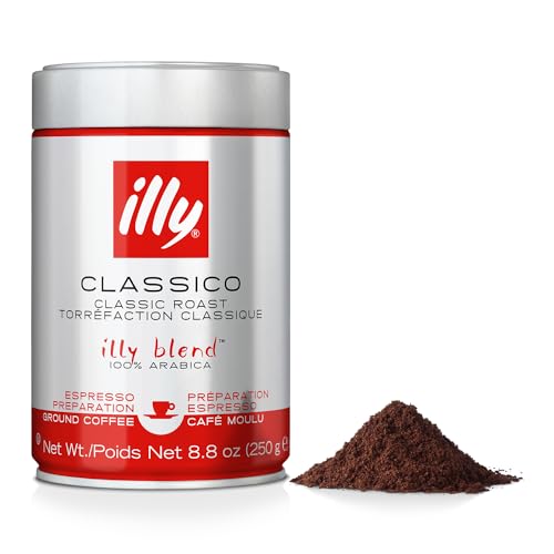 illy Classico Espresso Ground Coffee, Medium Roast, Classic Roast with Notes of Chocolate & Caramel, 100% Arabica Coffee, All-Natural, No Preservatives, 8.8 oz, Ground for Espresso Machines