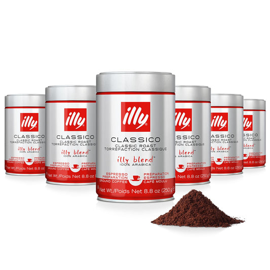 illy Ground Coffee Espresso - 100% Arabica Coffee Ground – Classico Medium Roast - Notes of Caramel, Orange Blossom & Jasmine - Rich Aromatic Profile - No Preservatives – 8.8 Ounce, 6 Pack