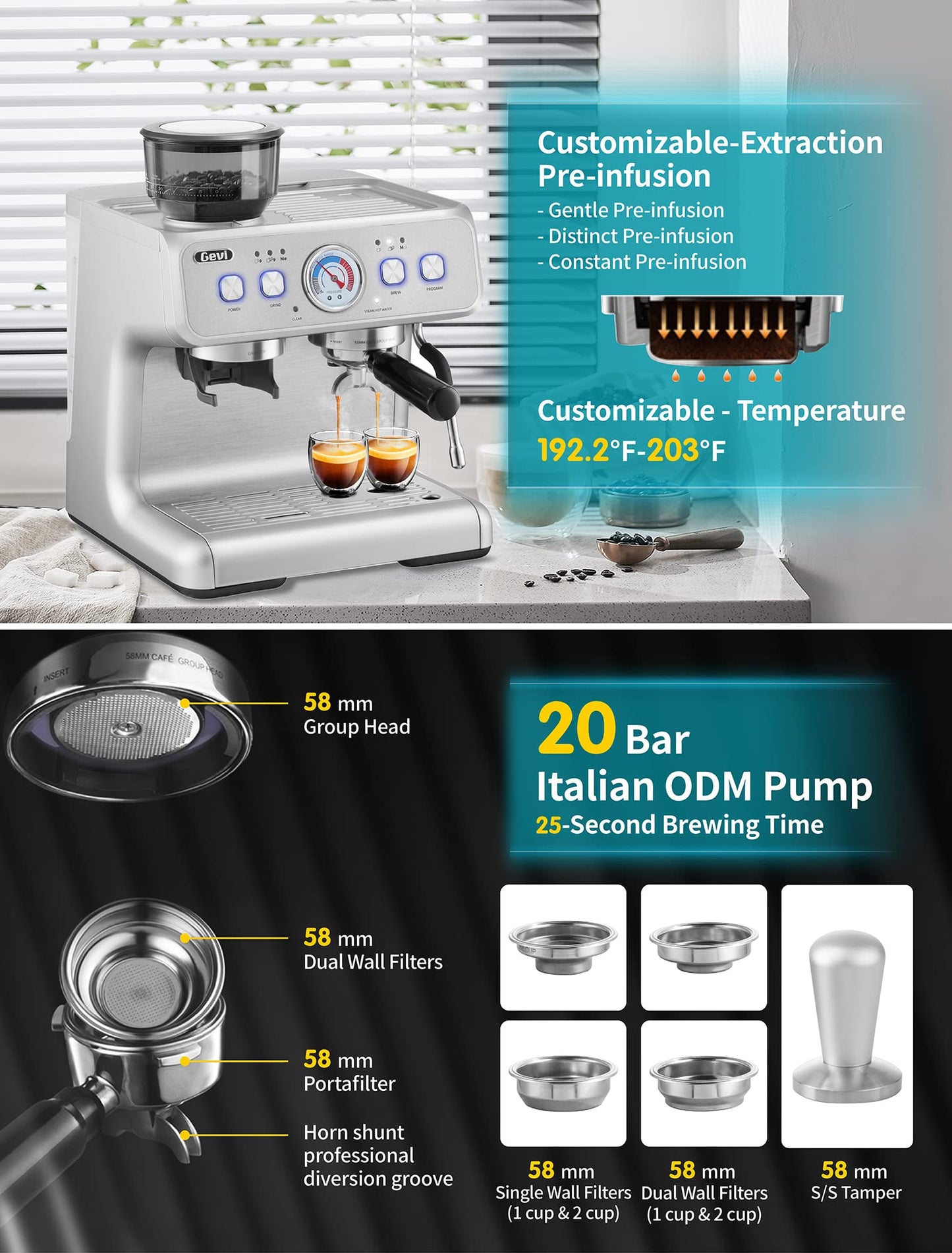 Gevi Espresso Machine 20 Bar With Grinder & Steam Wand – All in One Espresso Maker & Espresso Machine with Grinder for Home