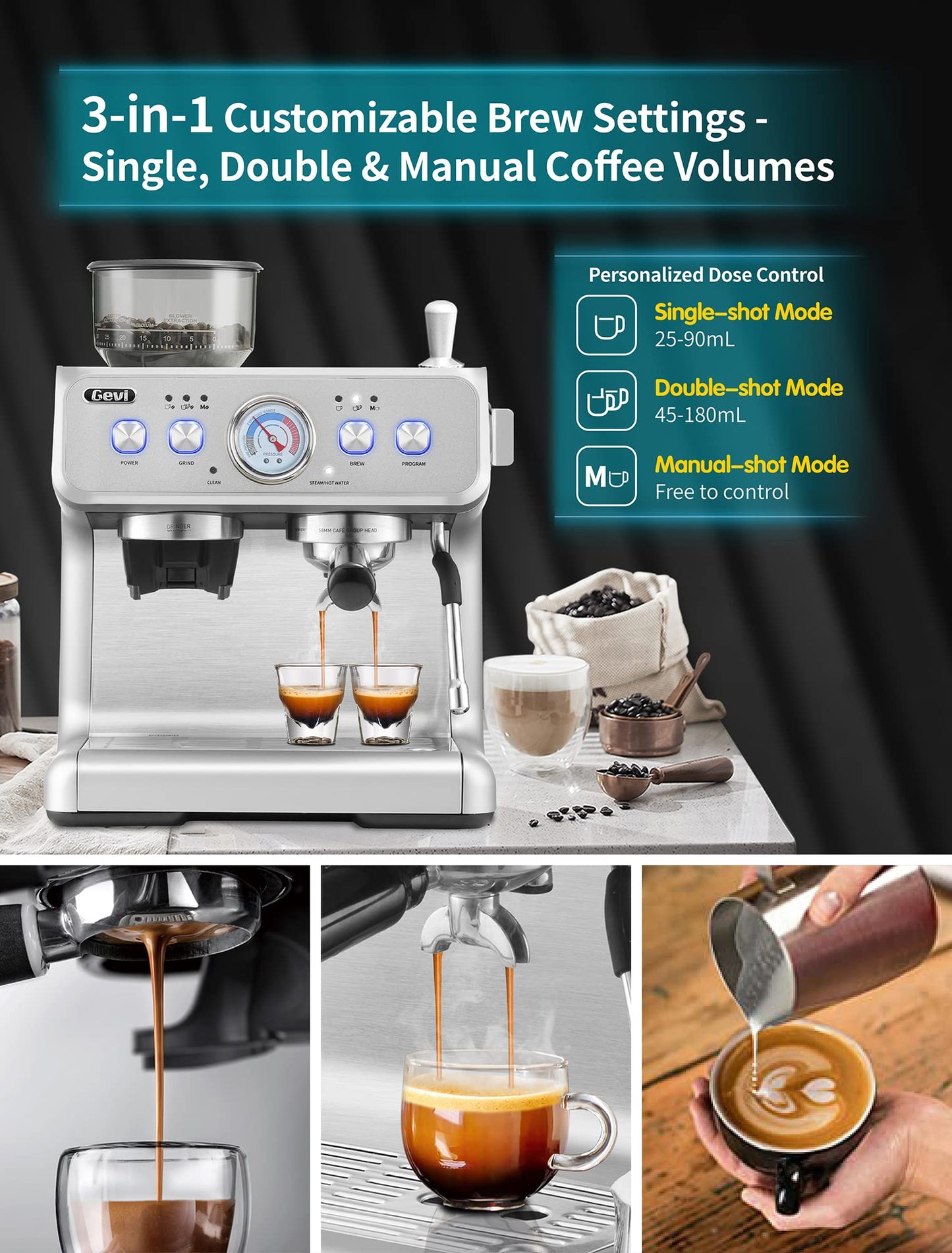 Gevi Espresso Machine 20 Bar With Grinder & Steam Wand – All in One Espresso Maker & Espresso Machine with Grinder for Home